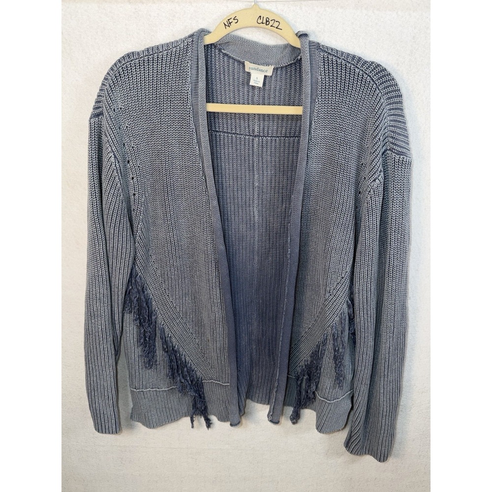 Sundance ELLA Fringe Open-Front Sweater Cardigan Blue SMALL